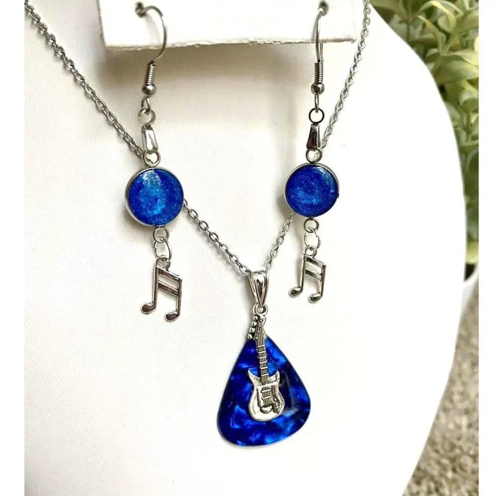 Handmade Resin Music Lover Jewelry Set - Blue Guitar Pick Pendant and Earrings